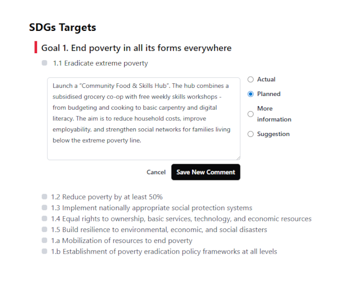 Screenshot depicting data entry for initiatives in Free SDG